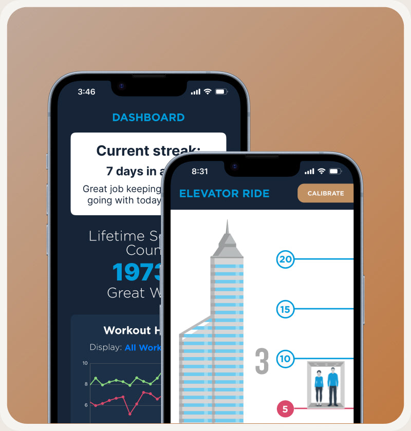 kGoal app dashboard and Elevator Ride game on mobile phones