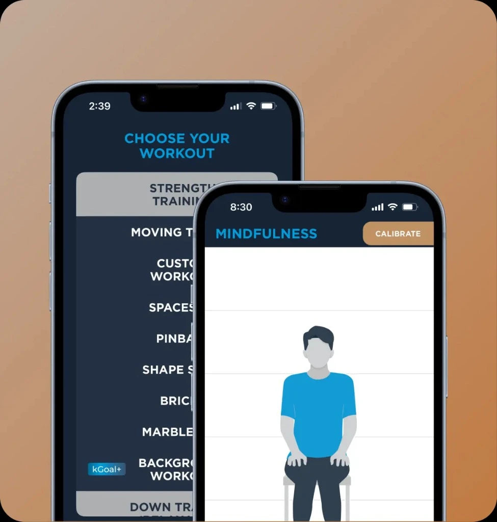kGoal app showing workout selection and Mindfulness exercise on mobile phones