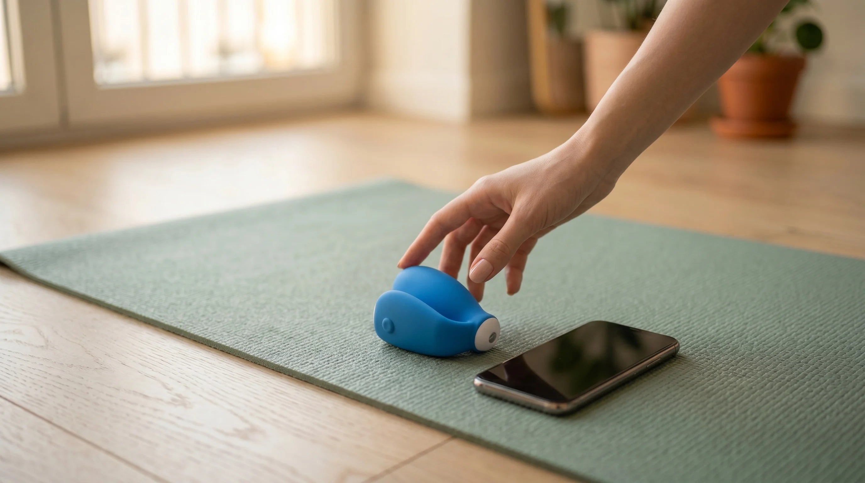 Hand reaching for the insertable kGoal trainer on a yoga mat next to a phone