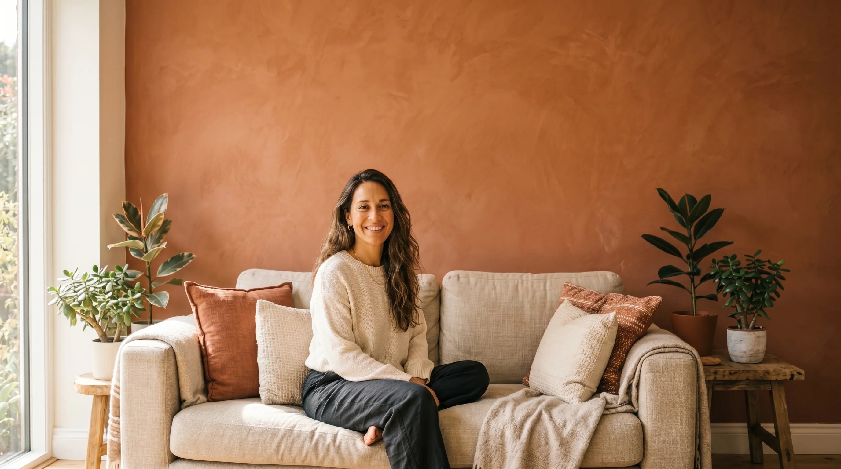 Woman relaxing on a couch in a warm living room