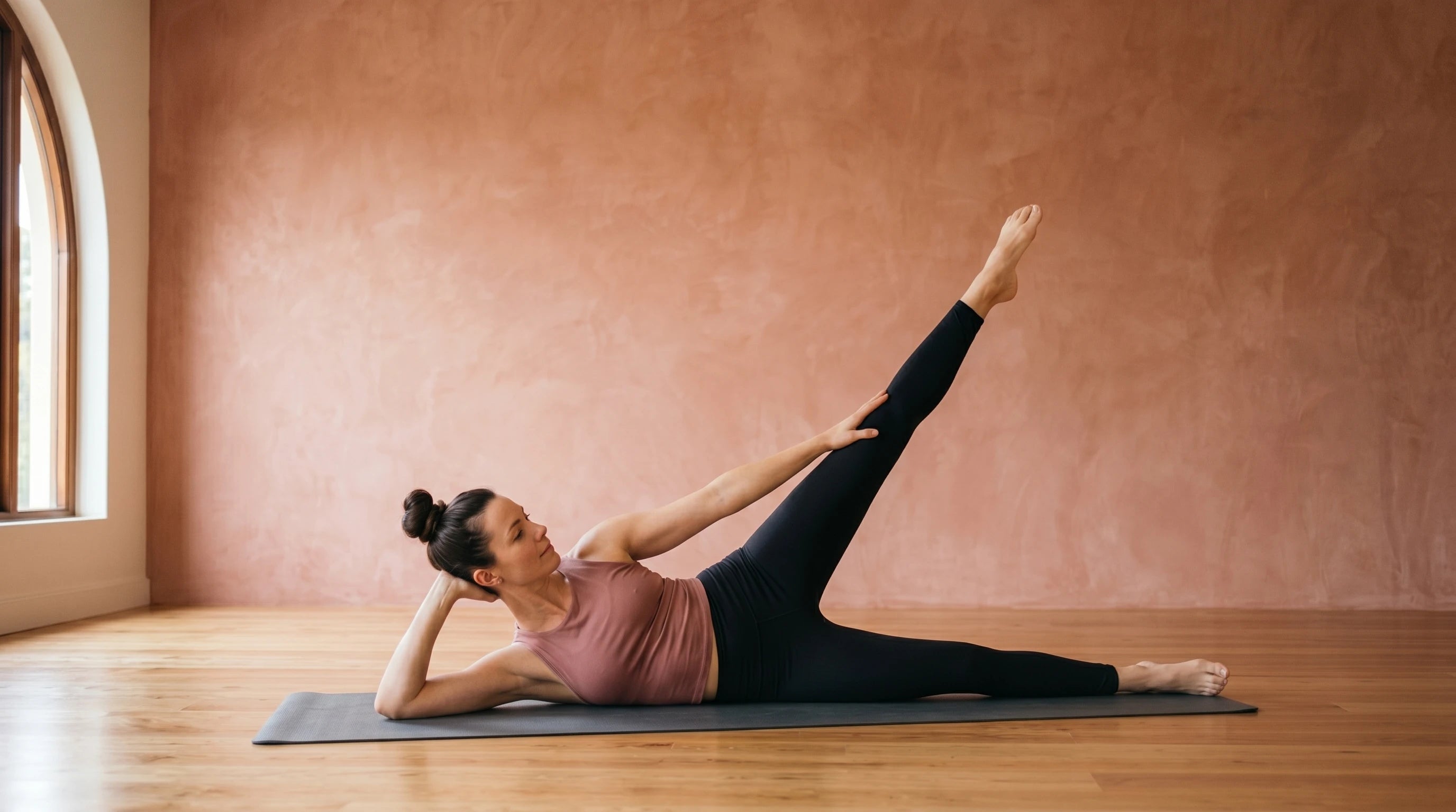 Woman performing a side-lying leg lift on a yoga mat
