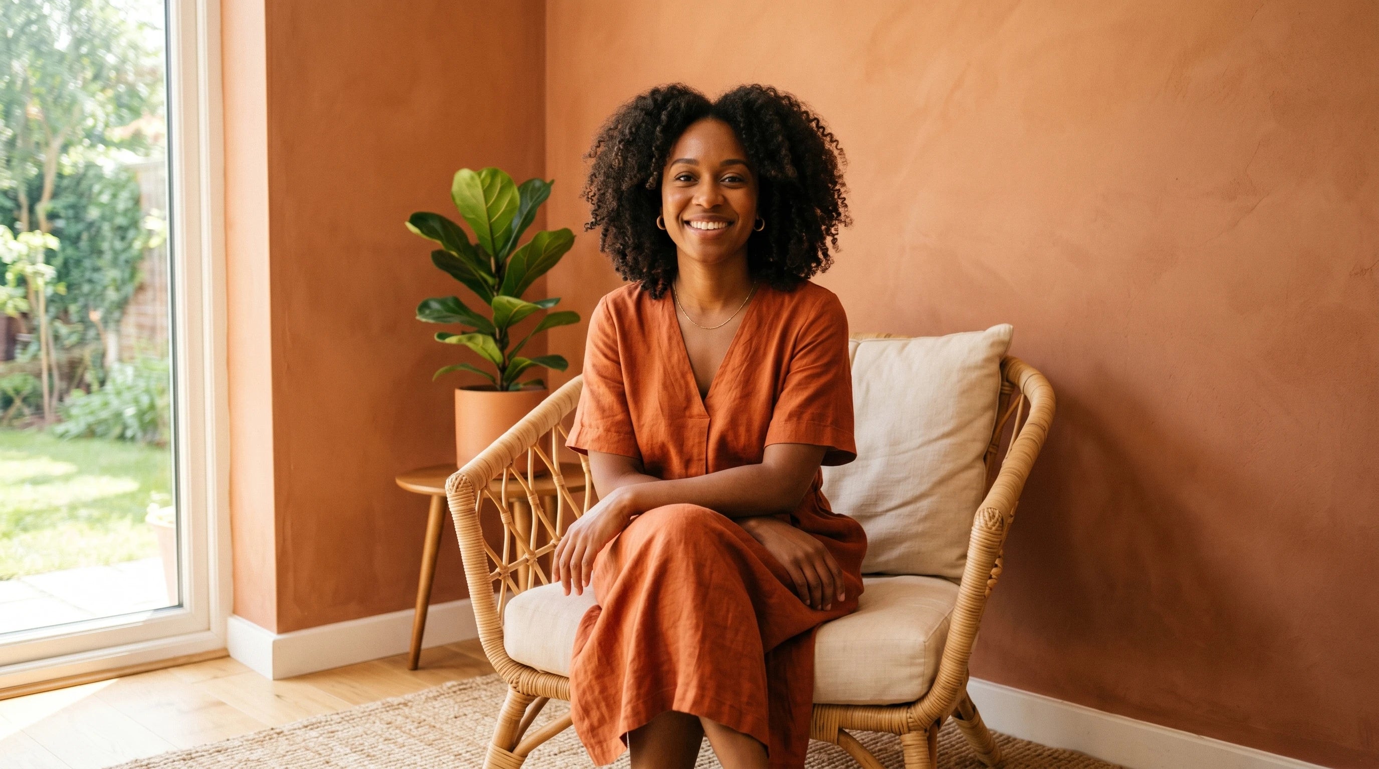 Smiling woman relaxing in a wicker chair