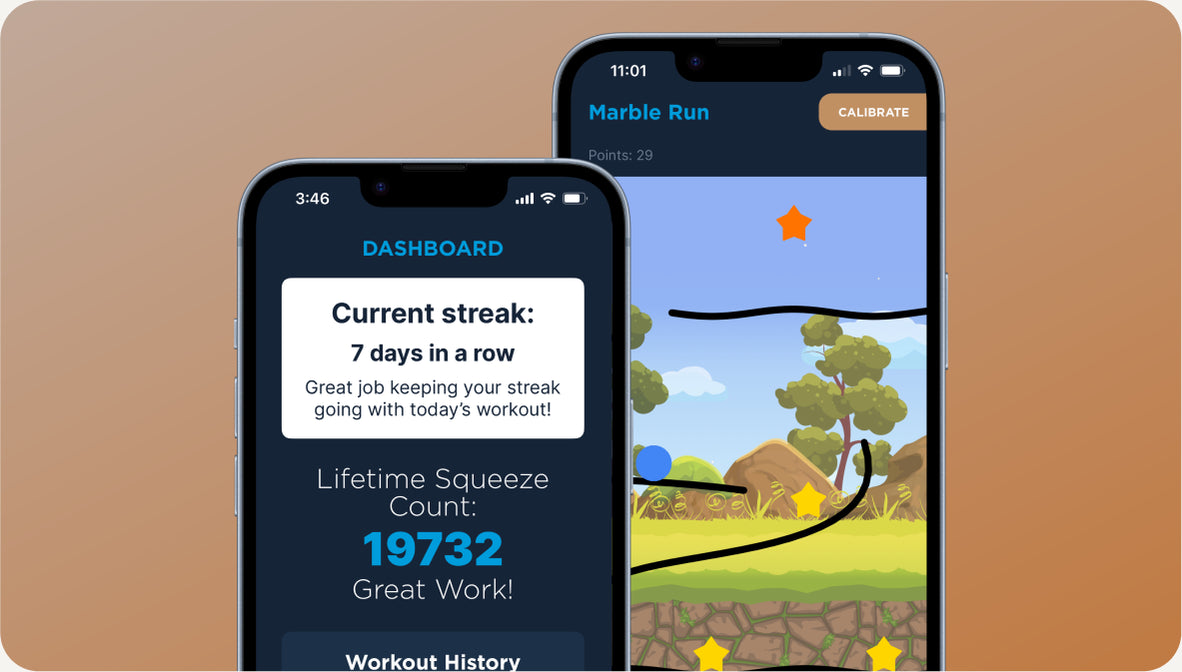 kGoal app showing Marble Run workout and Dashboard progress on phones