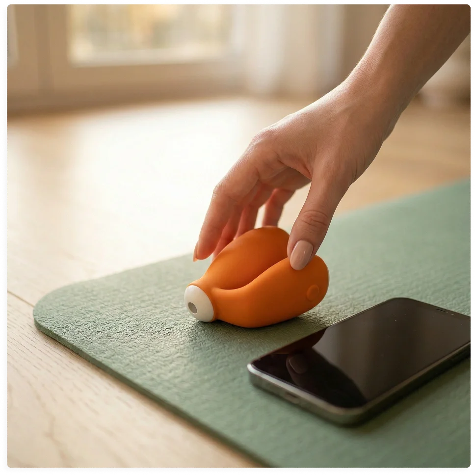 Hand reaching for kGoal IntimFlex on a yoga mat