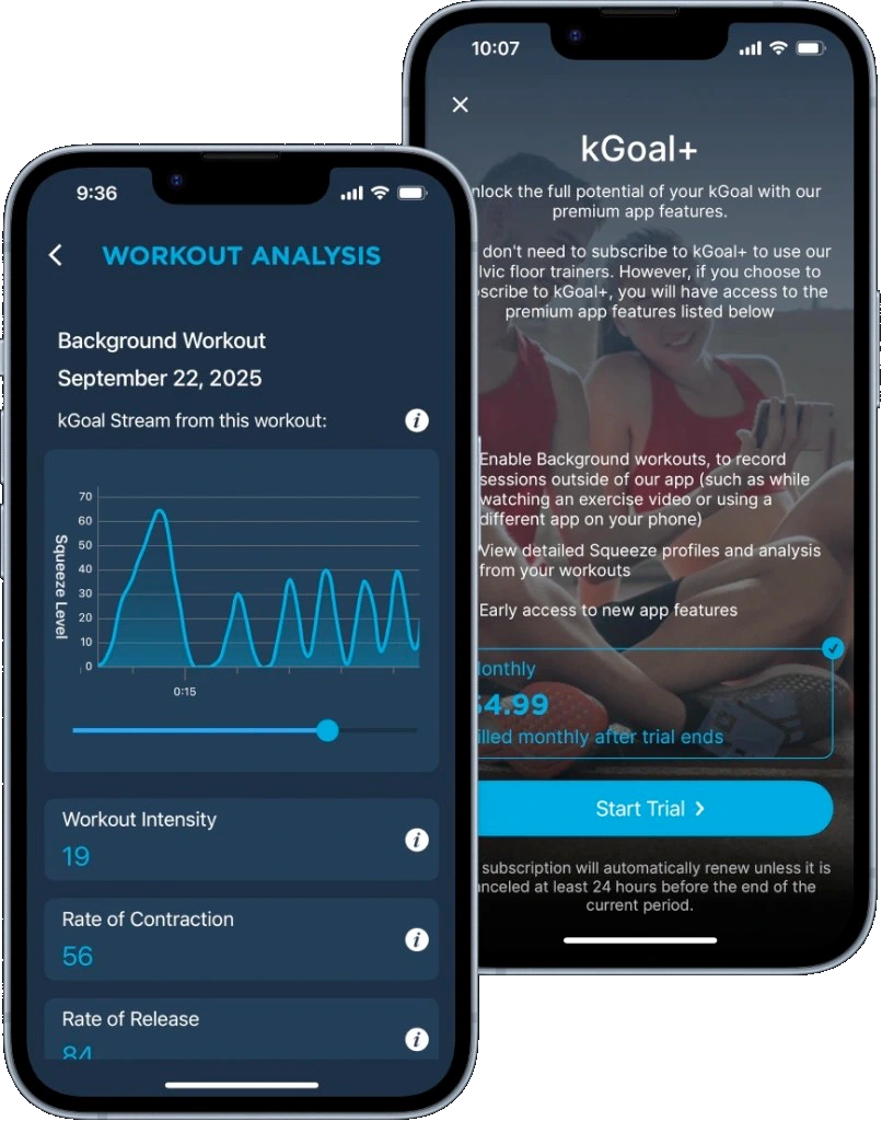 kGoal app showing Workout Analysis and kGoal+ on two phones