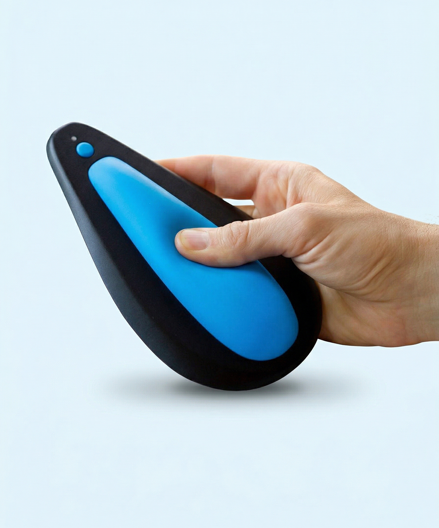 kGoal Boost product being squeezed by the right hand of a man, demonstrating the soft Air Pillow of the device